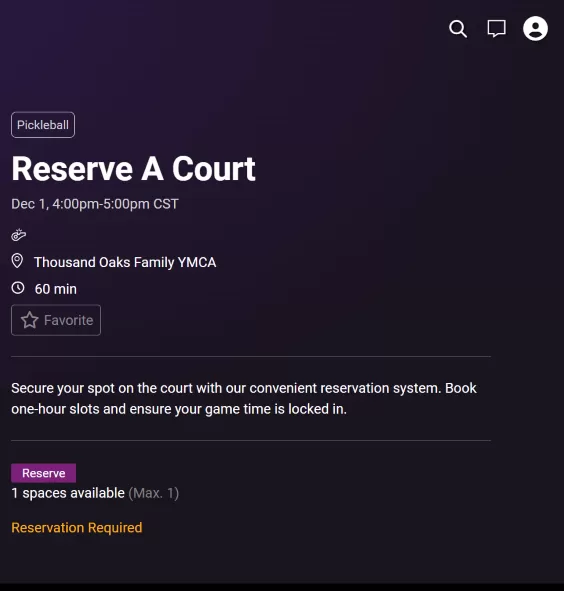 YMCA 360 Reservation Screen